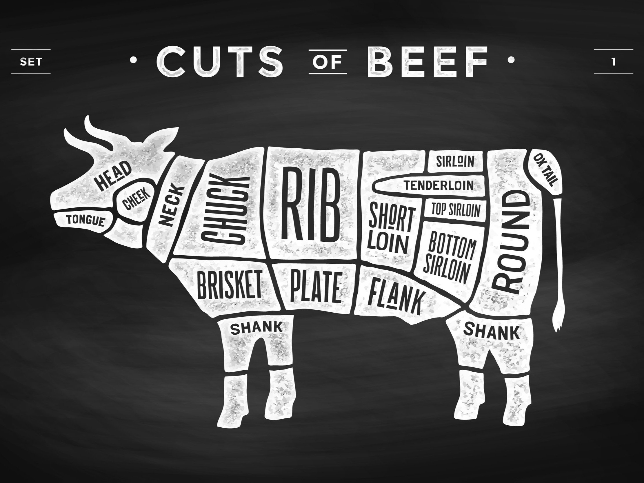Diagram illustrating various cuts of beef on a cow, labeled with terms such as chuck, rib, brisket, and sirloin, against a black background for educational purposes.